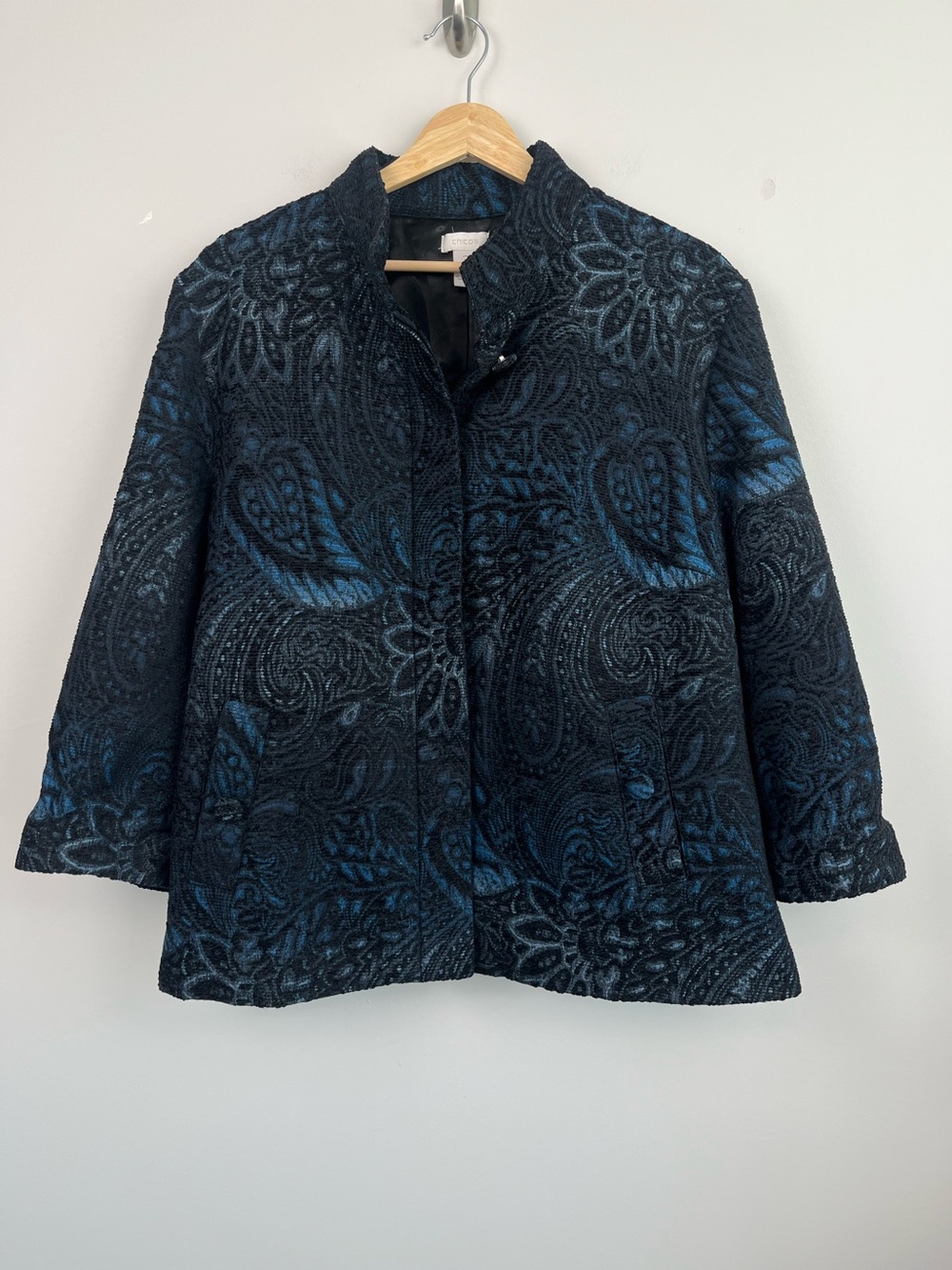 Chico’s black & blue paisley brocade swing jacket, size XL.